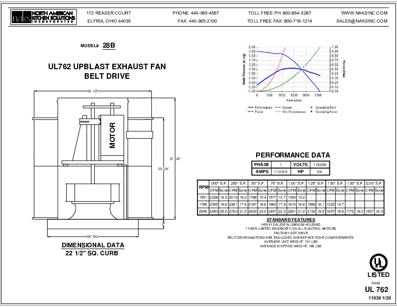 11038EN-28B 1 PHASE BELT DRIVE EXHAUST FAN SPEC SHEET