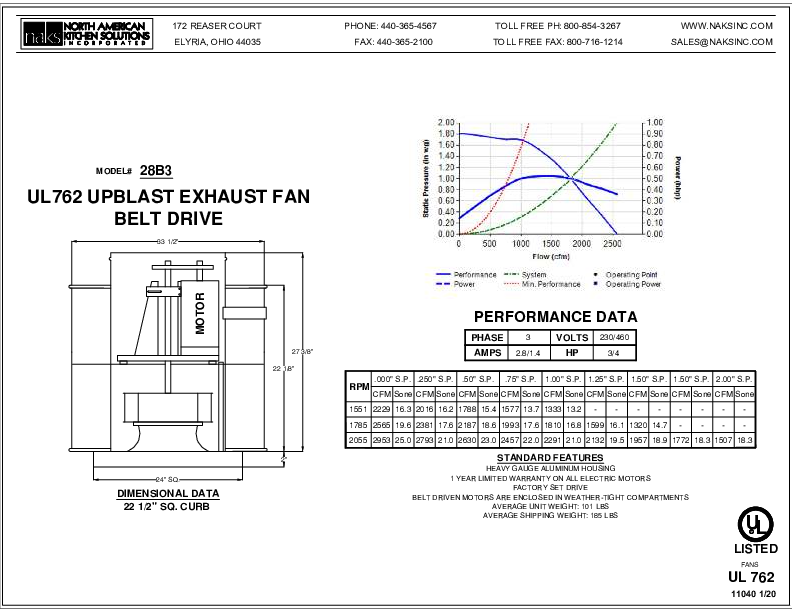 11040EN-28B3 3 PHASE BELT DRIVE EXHAUST FAN SPEC SHEET