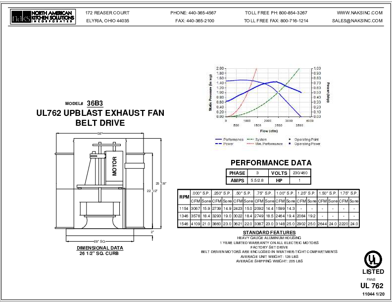 11044EN-36B3 3 PHASE BELT DRIVE EXHAUST FAN SPEC SHEET