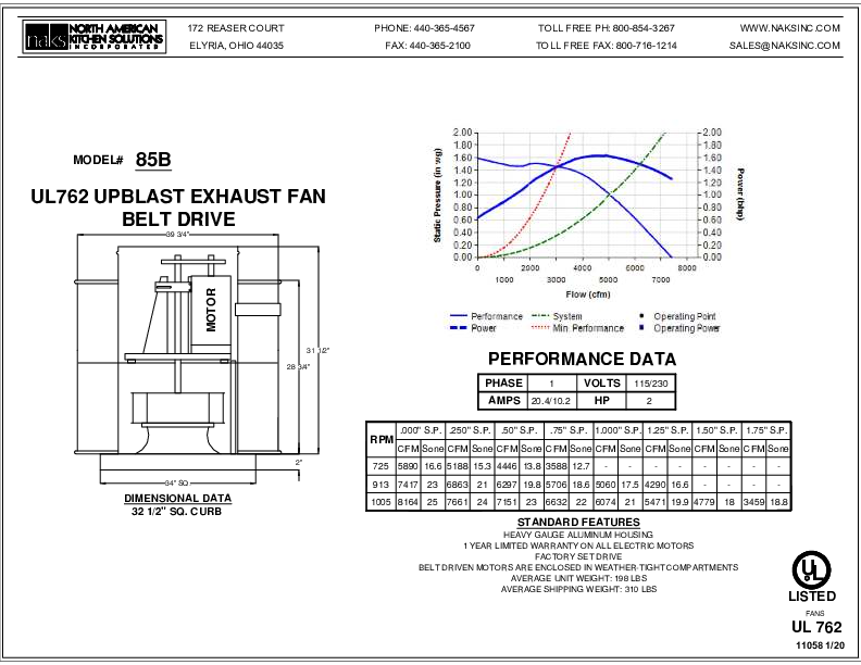 11058EN-85B 1 PHASE BELT DRIVE EXHAUST FAN SPEC SHEET