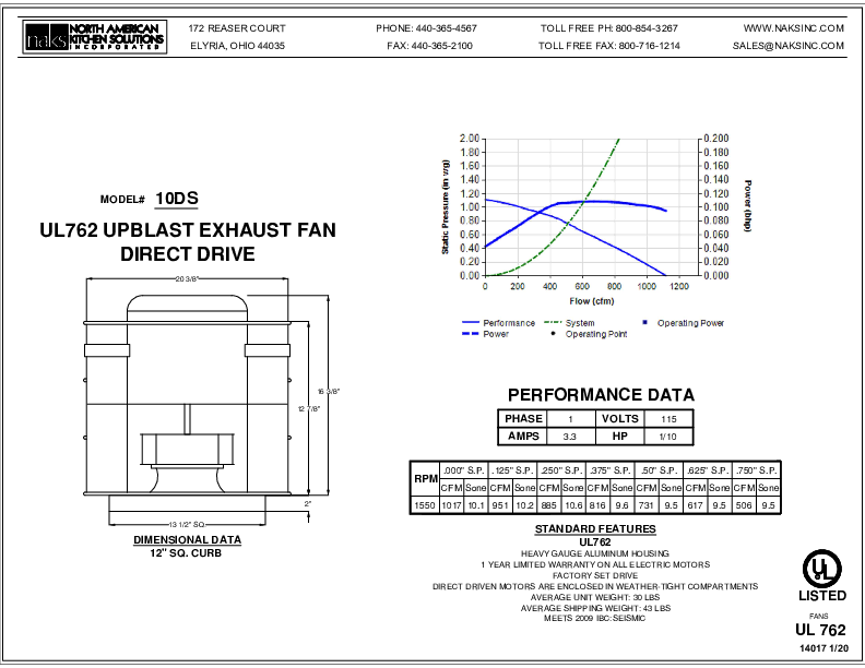 14017EN-10DS 1 PHASE DIRECT DRIVE SEISMIC EXHAUST FAN SPEC SHEET