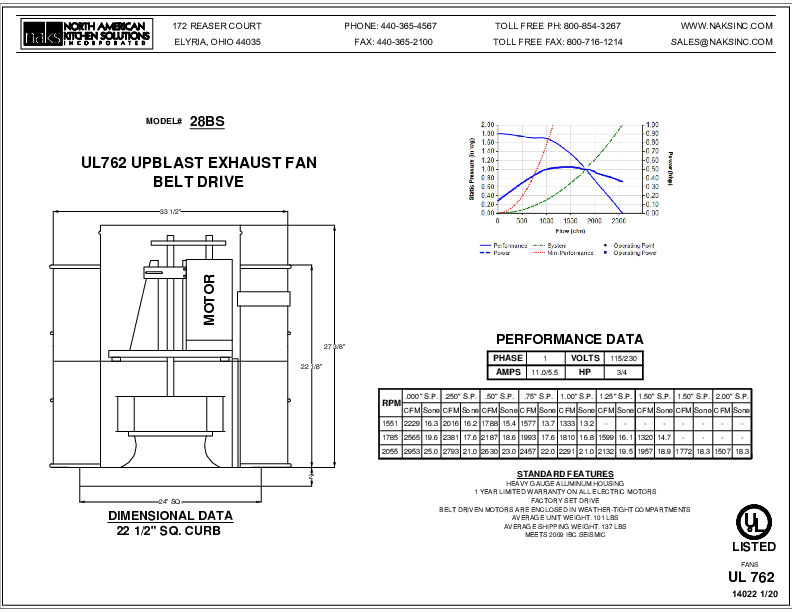 14022EN-28BS 1 PHASE BELT DRIVE SEISMIC EXHAUST FAN SPEC SHEET
