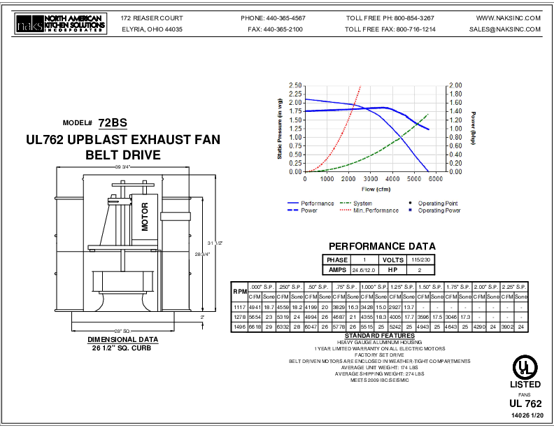 14026EN 72BS 1 PHASE BELT DRIVE SEISMIC EXHAUST FAN SPEC SHEET