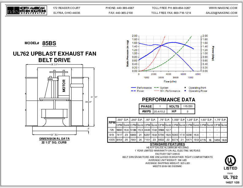 14027EN 85BS 1 PHASE BELT DRIVE SEISMIC EXHAUST FAN SPEC SHEET
