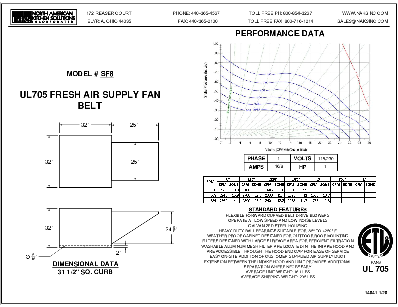14041EN SF8-1PHASE BELT DRIVE FRESH AIR SUPPLY FAN SPEC SHEET