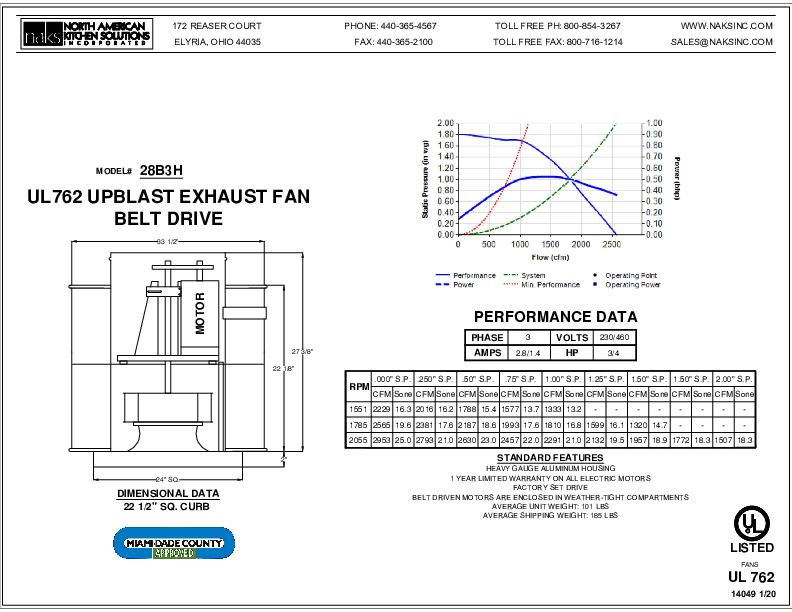 14049EN- 28B3H 3 PHASE BELT DRIVE HURRICANE EXHAUST FAN SPEC SHEET