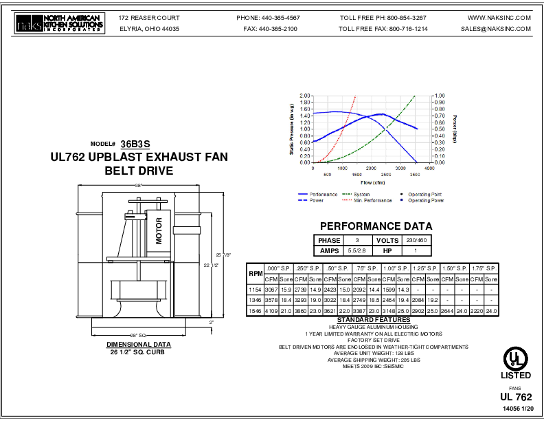 14056EN- 36B3S 3 PHASE BELT DRIVE SEISMIC EXHAUST FAN SPEC SHEET