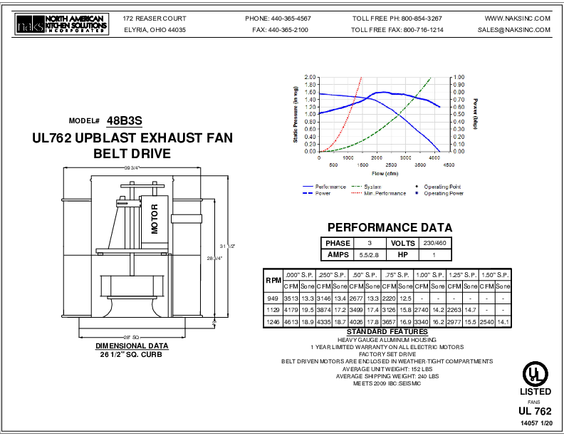 14057EN-48B3S 3 PHASE BELT DRIVE SEISMIC EXHAUST FAN SPEC SHEET