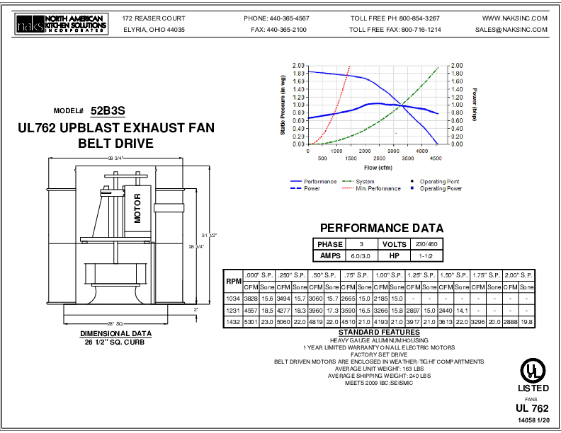 14058EN- 52B3S 3 PHASE BELT DRIVE SEISMIC EXHAUST FAN SPEC SHEET