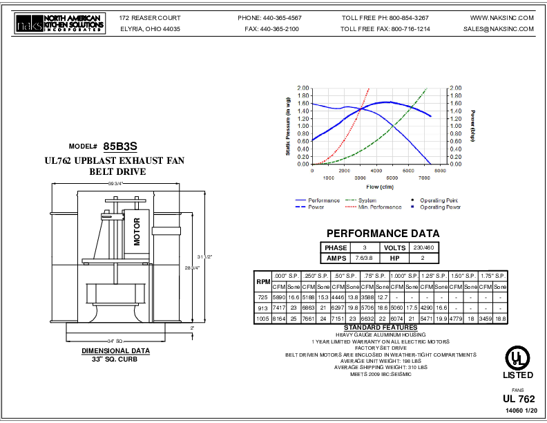 14060EN- 85B3S 3 PHASE BELT DRIVE SEISMIC EXHAUST FAN SPEC SHEET