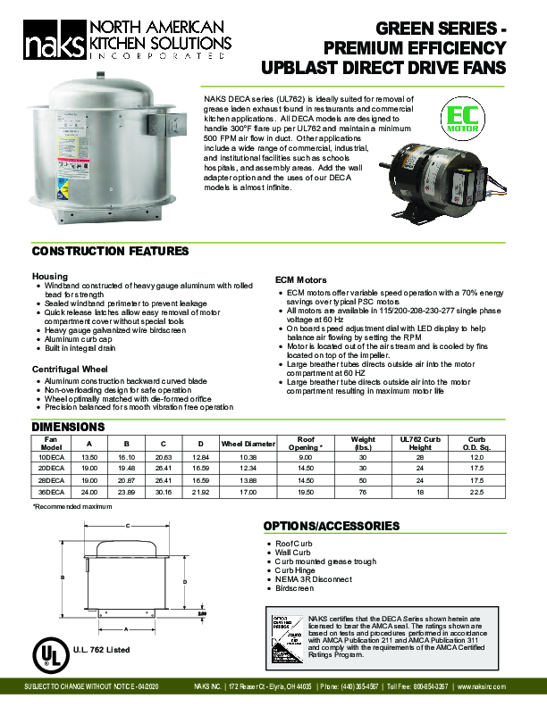 2020 DECA Green Series Spec Sheet