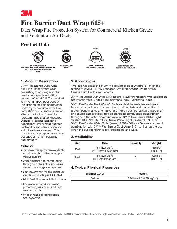 3M Fire Barrier Duct Wrap 615+