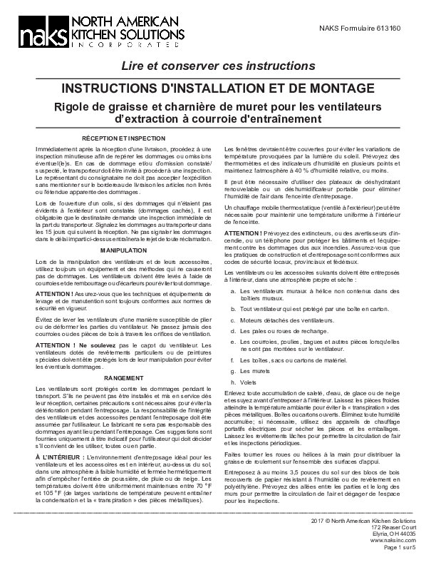 613160FR - RIGOLE DE GRAISSE ET CHARNIERE DE MURET POUR VENTILATEURS A COURROIE