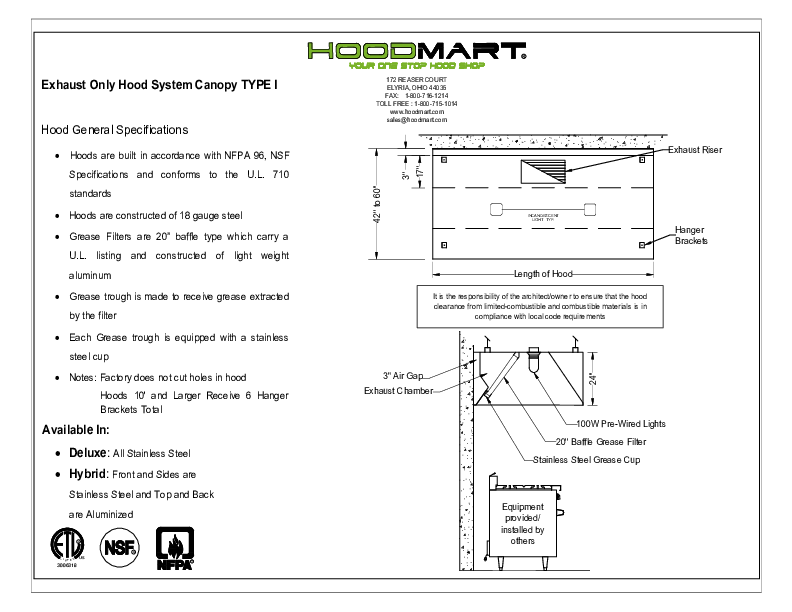 Box Exhaust Only Canopy – Spec Sheet - SHIPS TO ALL OTHER STATES