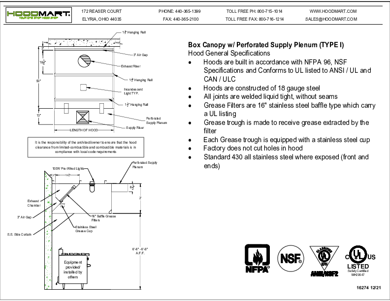 Box Canopy with Perforated Supply Plenum - SHIPS TO:  AL, AR, AZ, FL, GA, LA, MS, NC, NM, OK, SC, TN, TX