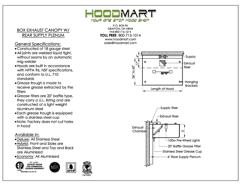 Box Exhaust Canopy w/ Rear Supply Plenum