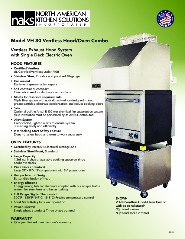 VH-30 Pizza Deck Oven Ventless Hood Brochure