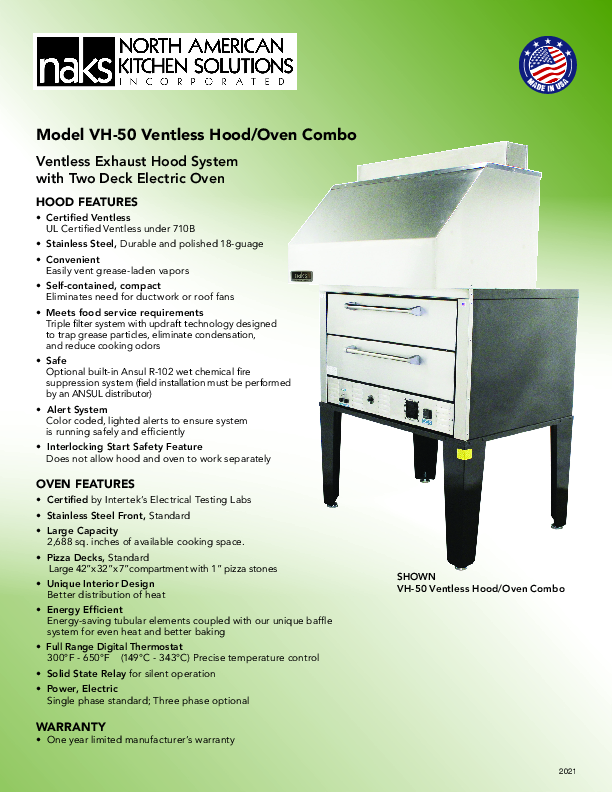 VH-50 Pizza Deck Oven Ventless Hood Brochure