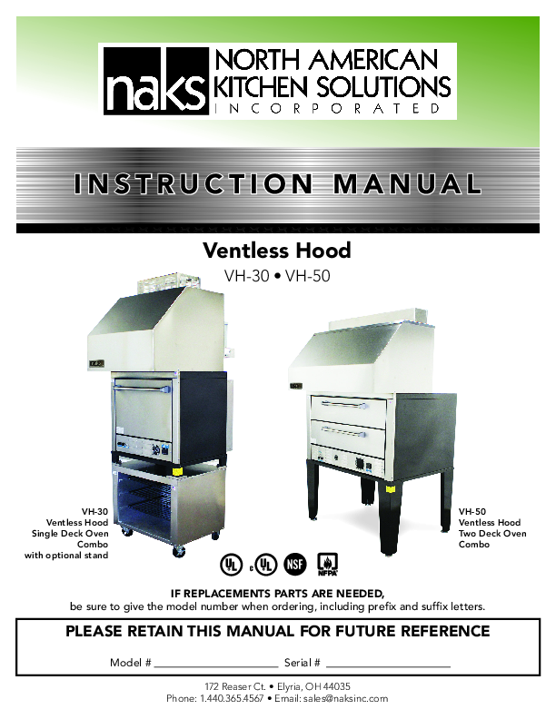 VH-50 Pizza Deck Ventless Hood Manual