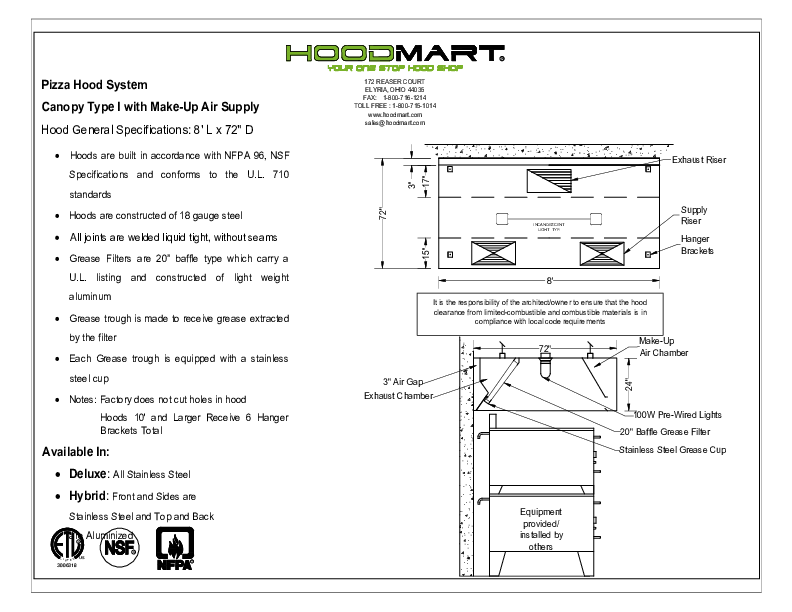 8ft x 72in Pizza Hood » Technical Specs