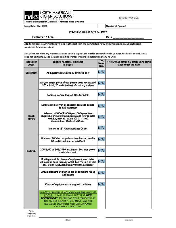 Ventless Hood Site Survey